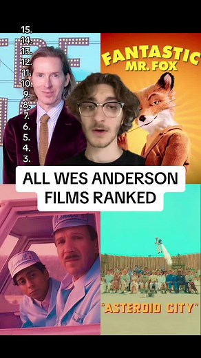 My ranking of all 15 wes anderson movies and short films! #movies #movietok #wesanderson #thegrandbudapesthotel #fantasticmrfox #asteroidcity #thewonderfulstoryofhenrysugar #owenwilson #billmurray #theroyaltenenbaums #moonrisekingdom #thefrenchdispatch #wesandersonfilm #filmtok #vetzmovies