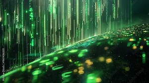 Abstract digital data flow background featuring binary code raining down onto a curved surface, creating a futuristic landscape