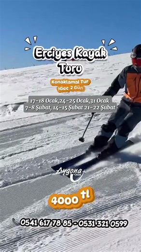 aygonaturizm on Instagram: "[6/12 14:20] aygonaturizm: 🏂🏂HER HAFTA ÇIKIŞLI KAYAK TURLARI ☎️☎️ 0541 617 78 85 - 0531 321 0599 🏂🏂 KONAKLAMALI HER HAFTA CUMARTESİ ve PAZAR GÜNLERİ KONYA ÇIKIŞLI 🗓️ Ocak ve Şubat Aylarında Her Hafta Pazar ☎️☎️ 0541 617 78 85 -0531 321 05 99 🏂🏂 KONAKLAMALI ERCİYES TURU 💵 FİYATA DAHİL HİZMETLER ➡️ ULAŞIM ➡️ KONAKLAMA ➡️ İLK GÜN SABAH ARAÇ İÇİ KAHVALTI ➡️ BİR GECE KONAKLAMA ➡️BİR AKŞAM YEMEĞİ ➡️ İKİNCİ GÜN SABAH KAHVALTISI ➡️ İKİNCİ GÜN ÖĞLEN YEMEĞİ 💵💵💵 FİYAT