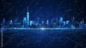 4K 3D Big data connection technology. Cityscape Smart digital city globalization abstract connection network . Concept of future 5G smart wireless city social media systems. internet of things
