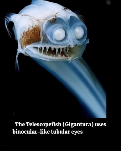 Meet the "Ghost of the Abyss": A Masterpiece of the Deep 🌌🐟 ​At first glance, you might think you’re looking at a creature from a horror movie. Those massive, unblinking eyes and that jagged jaw look like a nightmare—but the Telescopefish (Gigantura indica) is actually one of nature's most incredible survival stories. ​Living 10,000 feet below the waves, it survives in a world of crushing pressure and total darkness. Here is why it looks so "strange": ​🔭 Binocular Vision: Those aren't just ey