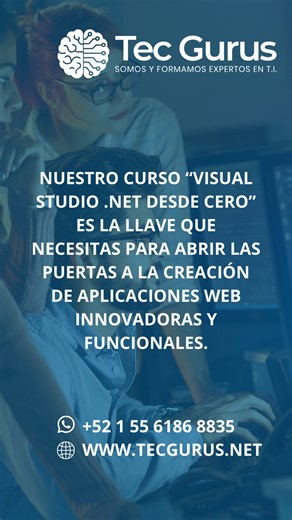 En nuestro curso Visual Studio .NET Desde Cero aprenderás a crear aplicaciones profesionales con C# y Visual Studio, conectadas a bases de datos y listas para usarse en empresas. Clases en línea, en vivo, con ejercicios guiados y proyectos reales. ¿Te interesa? Mándame “Info .NET” por WhatsApp y te comparto temario, fechas y costo 📲🔥 | Tec Gurus