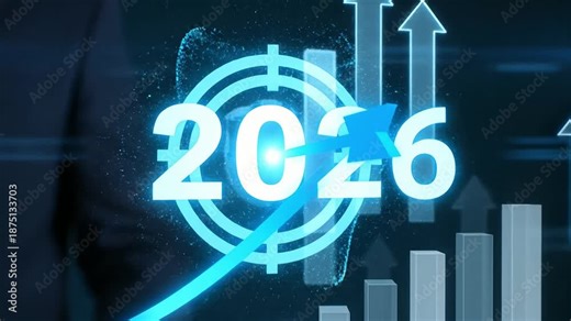 Future projection with digital target for the year 2026 showing upward financial growth and progress