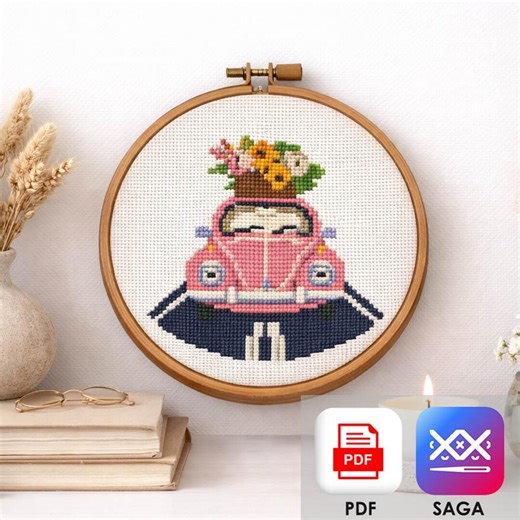 Pink Car Cross Stitch Pattern PDF, Floral Retro Car Embroidery Design, Cute Travel Gift, Vintage Vehicle Wall Art PDF & SAGA