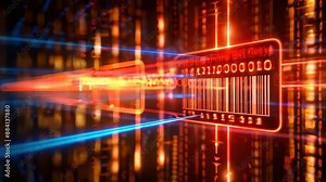 Digitally rendered barcode with bright, dynamic lights and binary code in background