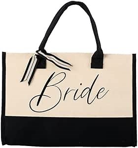 Mud Pie Classic Black and White Canvas Tote Bag, BRIDE, 17" x 19" x 2"