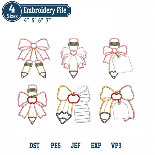 Pencil Bow Applique Embroidery Designs, Back to School Applique, Teacher Applqiue Embroidery, Digital Download. - Etsy