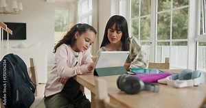 Tablet, studying and mother with daughter in house for elearning, submit assignment and tutor. Homeschool portal, online student forum and teaching with woman and girl in family home for knowledge