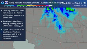 👀 A weather system tracking through Southeast Arizona will bring valley rain and mountain snow to southeast Arizona tonight. 🌧️🌧️Rainfall amounts will be on the light side, with generally less than 0.10 inches of rain expected in the valleys, with localized amounts up to 0.25 inches. 🌨️❄️Snow levels with this system will start off around 6500 feet this evening, lowering to around 5000 feet by Thursday morning. Snowfall between 2" to 4" can be expected atop the Catalina and Pinaleno Mountains