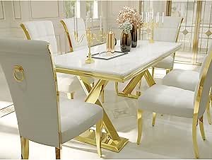 7-Piece White and Gold Dining Table Set for 6, Luxury Dining Room Set with 1 Table and 6 Velvet Upholstered Dining Chairs