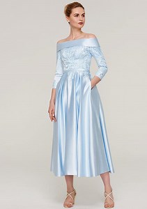3/4 Sleeve Off-the-Shoulder A-line/Princess Tea-Length Satin Mother of the Bride Dress With Appliqued Sashes - Mom Dresses - Stacees