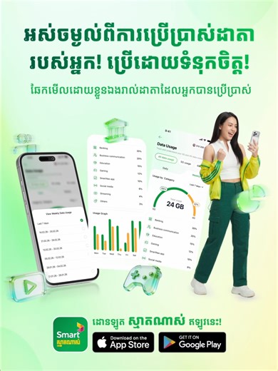 ពេលប្រើប្រាស់ដាតាអុីនធឺណិតរាល់ដង មានដែលដឹងអត់ថាខ្លួនឯងប្រើប្រាស់ដាតាទាំងនោះទៅលើកម្មវិធី ឬមុខងារអ្វីខ្លះ? 🤔 📊 សូមណែនាំមុខងារថ្មីពី SmartNas នោះគឺមុខងារ “ការប្រើប្រាស់ដាតា” (Data Usage) ដែលលោកអ្នក 💚 អាចតាមដាន និងឆែកមើលរាល់ដាតាដែលយើងបានប្រើប្រាស់ជាប្រចាំថ្ងៃ 💚 អាចតាមដានប្រវត្តិប្រតិបត្តិការយ៉ាងលម្អិតសម្រាប់រយៈពេល 1 ថ្ងៃ 1 សប្ដាហ៍ 💚 អាចតាមដានរាល់ដាតាដែលបានប្រើប្រាស់រហូតដល់លេខទូរសព្ទចំនួន 5 💚 មានបែងចែកការប្រើប្រាស់ដាតាទៅលើ 4G ផ្សេង និង 5G ផ្សេងយ៉ាងច្បាស់លាស់ 👉🏻 តស់ ចូលទៅឆែកមើលប្រវត្តិនៃការប្រ