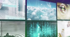 Composite animation of nine scrolling business, leisure and technology screens