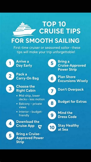 🚢 Top 10 Cruise Tips for Smooth Sailing 🌊 First-time cruiser or seasoned sailor—these tips will make your trip unforgettable! Tip 1: Arrive a Day Early ✈️ Flight delays happen! Explore the port city before sailing. Tip 2: Pack a Carry-On Bag 👜 Essentials only: meds, swimsuit, sunscreen, docs & a change of clothes. Tip 3: Choose the Right Cabin Mid-ship, lower decks = less motion 🌊 Balcony = private views 🌅 Interior = budget-friendly 💸 Tip 4: Download the Cruise App 📲 Daily schedules, maps