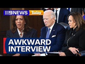 Kamala Harris defends Joe Biden in awkward Australian interview | 9 News Australia