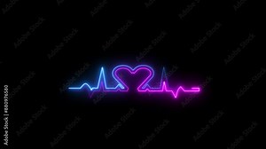 Heart beat line animation. Neon line heart beat line animation on black background. heart beat icon. Cardiogram cardiograph oscilloscope icon animation.