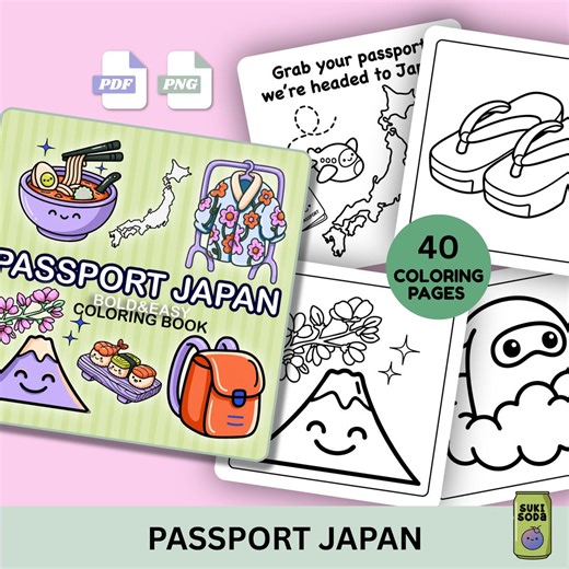 Passport Japan Coloring Pages, Kawaii Japanese Food and Culture, Digital Download, Bold and Easy Coloring - Etsy