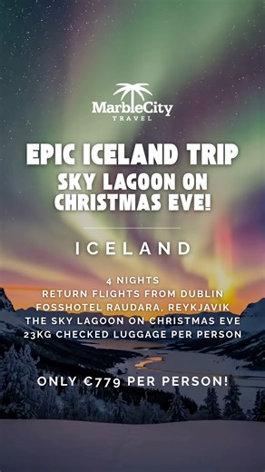 Christmas magic in Iceland ✨ 4 nights in Reykjavik with a Sky Lagoon experience on Christmas Eve 😍 ✈️ 23rd December 2026 👉 Only €779 per person Discover Iceland’s unforgettable landscapes - waterfalls, geysers, glaciers and (fingers crossed!) the Northern Lights. Tick off bucket-list highlights like the Golden Circle, Blue Lagoon and Þingvellir National Park. Price includes: ✅ Return flights from Dublin ✅ Airport taxes & security charges ✅ Fosshotel Raudara, Reykjavik (room only) ✅ Sky Lagoon 