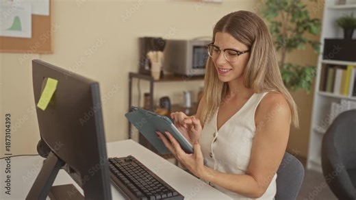 Woman tapping tablet with index finger while holding device at office desk with monitor and keyboard, smiling and wearing glasses; focused productivity.