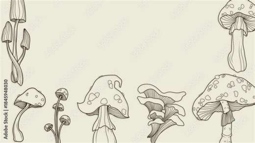 Animated, drawn outline mushrooms. A background with floating mushrooms for videos about mushrooms, toadstools, and fly agarics.