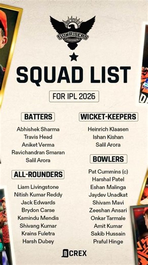 SRH 🔥🧡 squad 2026 #cricket #shorts #ipl #cricketfans #ytshorts #youtubeshort #reels