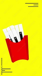 Fast Food Fantasia. French fry container with piano keys inside against bright yellow background. Stop motion, animation. Concept of music, performance, festival. Pop art. Creative design.