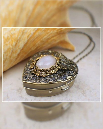 Rose Quartz Heart Music Box Locket in Bronze