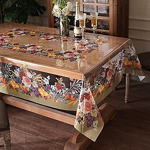 Clear Table Cover Protector Vinyl PVC Rectangle Table Cloth with Floral Fruit Pattern Oil Spill Proof Plastic Tablecloths for Dining Tables Parties Holidays (Floral Fruit, 52 x 70 Inches)