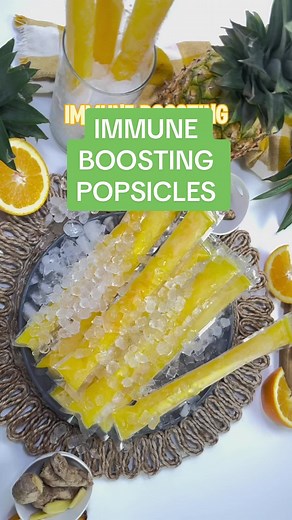 Immune Boosting Popsicles with Pineapple, Orange, Turmeric & Ginger! Whip up a batch of these refreshing homemade popsicles bursting with immune-boosting goodness! Simply juice fresh pineapple, orange, turmeric, and ginger, pour into molds, freeze for 4 hours, and enjoy a delicious treat perfect for kids and adults on warm days. These popsicles can be stored for months, offering a fresh and nutritious snack whenever you need a boost. Ingredients: Fills 10 plastic popsicle molds 1/2 Pineapple 1 O