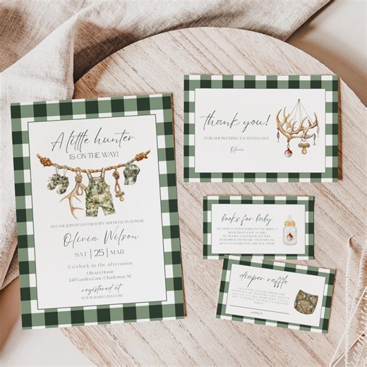 Editable A Little Hunter Baby Shower Bundle, Hunting Baby Shower Invite, Baby Boy Shower, Canva Template, Digital Download - Etsy