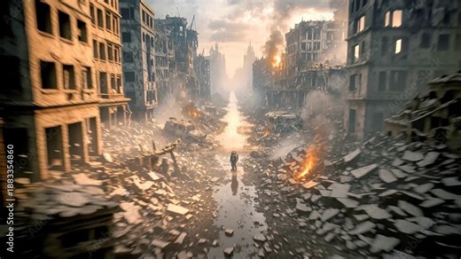 Male preteen wearing VR headset in destroyed city ruins. Immersive technology use amidst post-apocalyptic urban landscape with smoke and fire. Close up to aerial POV