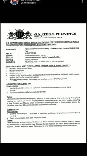Gauteng Health EPWP Jobs 2026 Now Open – 195 Posts Available! The Gauteng Department of Health, through the Expanded Public Works Programme (EPWP), has officially opened applications for 195 fixed-term contract positions across health facilities in the Johannesburg Health District. These opportunities are aimed at previously disadvantaged and unemployed South Africans who have never benefited from EPWP before. Track Your Daily Career Score here Create and Download your CV for these Vacancies her