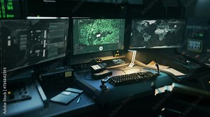 Destruction Of Tank By High Tech Military Drone. Night Vision Military System. Launching Rocket Attack For Tank Destruction From Army Control Room. Tank Target Destruction. Military Warfare