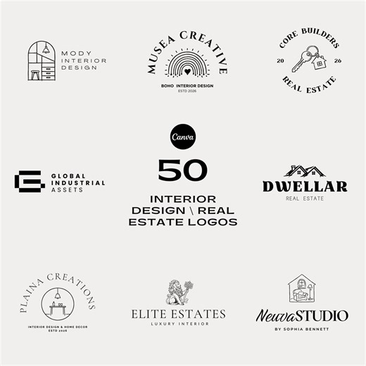 50 Premade Interior Design Logo | Customizable Real Estate Logo | Minimal House Logo | Interior Design Business Canva Templates | Elegant - Etsy