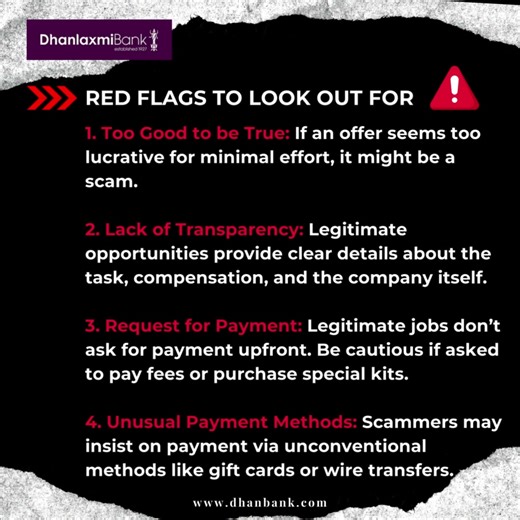 Online Task Scams!⚠️ Beware of enticing offers that seem too good to be true.🚨 Be vigilant, know the red flags, and protect yourself from scams #ScamAware #OnlineSafety #Cybercrime #Cybersecurity #DigitalSafety #DhanlaxmiBank | Dhanlaxmi Bank