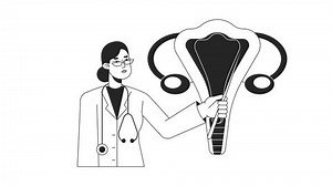 Gynecology doctor bw animation. Animated gynaecologist, obgyn 2D flat monochromatic thin line character. Obstetrics specialist 4K video concept footage with alpha channel transparency for web design