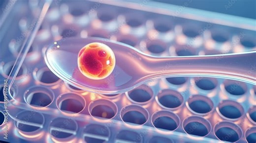 Lab science cell research biology medical technology experiment with glass spoon holding biological sample, petri dish genetic study, lab grown meat