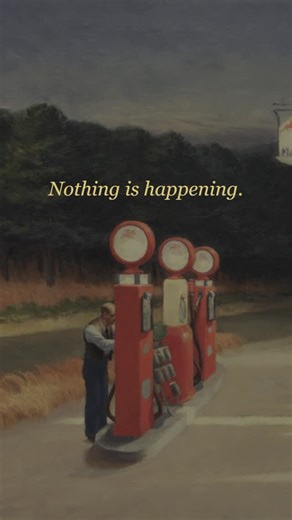 Art Lectio on Instagram: "Edward Hopper, Gas, 1940 Edward Hopper painted the loneliest petrol station in art history. No cars. No rush. Just a man on shift at the edge of nowhere. This is Gas (1940), a made-up station stitched together from real ones Hopper saw at dusk. A picture of beautiful boredom, where nothing much is happening… and yet this is where his character’s actual life is unfolding. It makes me wonder how many “filler” moments I rush past in my own days: washing dishes, filling the