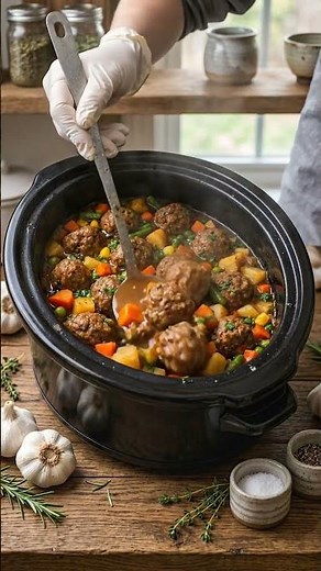 Slow Cooker Homestyle Meatball Vegetable Stew #easyrecipes #recipe #elisedeliciousbites
