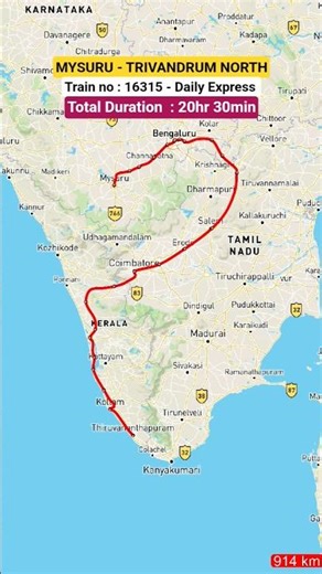 Mysuru To Trivandrum North Daily Express Train Route Map #shortvideo #railfan #southernrailway #map