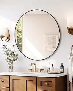 Round Mirror, 24 Inch Circle Mirror, Black Metal Framed Mirrors for Wall, Round Mirrors for Wall Decor, Bathroom Mirrors for Over Sink, Black Round Mirror for Entryway, Living Room, Easy to Install