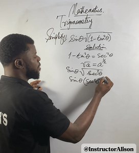 3.2K views · 149 reactions | Sin θ × √(1 – Tan² θ) Trig Identity Made SimpleWatch how we multiply sin θ by √(1 – tan² θ) and reveal a neat trigonometric simplification using a Pythagorean identity. Short, sharp, and satisfying! #trigonometry #trig #math #trigonometricfunctions #trigonometricidentities #instructoralison | Alison Zaccheaus Otuebe | Facebook