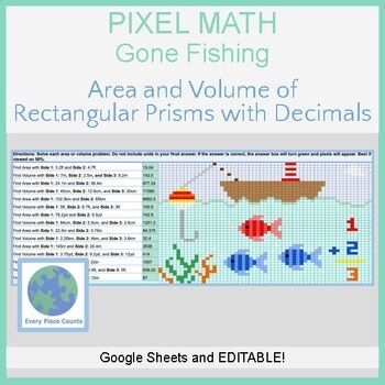 Pixel Art Math - Gone Fishing - Area & Volume of Rectangular Prisms w/ Decimals