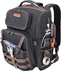 WELKINLAND Waxed-Canvas Tool Backpack - Heavy-Duty Electrician Backpack with HVAC & Technician Tool Bag Storage