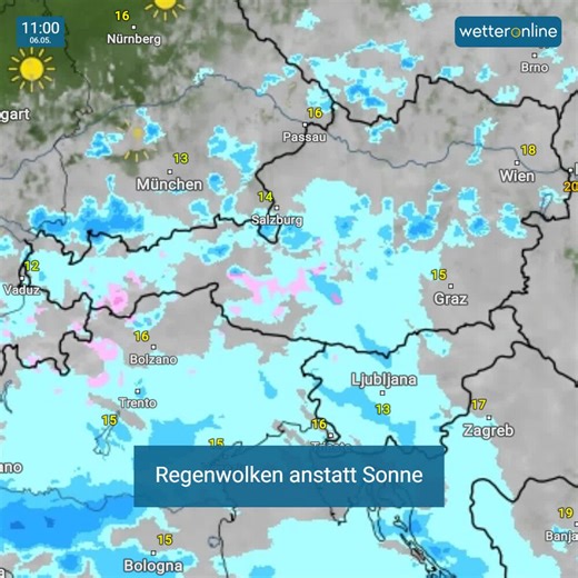 Guten Morgen. ☕ Die Sonne hat sich endgültig verabschiedet. Stattdessen: 🔹 Leichter Regen im Süden und Westen 🔹 Kräftigere Regenschauer im Norden am Nachmittag - lokal mit Blitz und Donner 🤔 Kommen nächste Woche die Eisheiligen? to.wetteronline.at/wetter-zu-eisheiligen | WetterOnline Austria