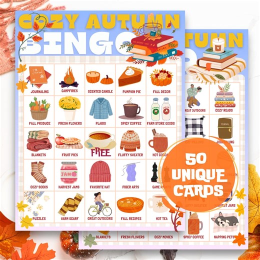 Cozy Autumn Bingo Printable Game | 50 Unique Cards for Autumn Fun | Classroom or Family Game Night | Cozy Pumpkin Fall Season Bingo Set! - Etsy