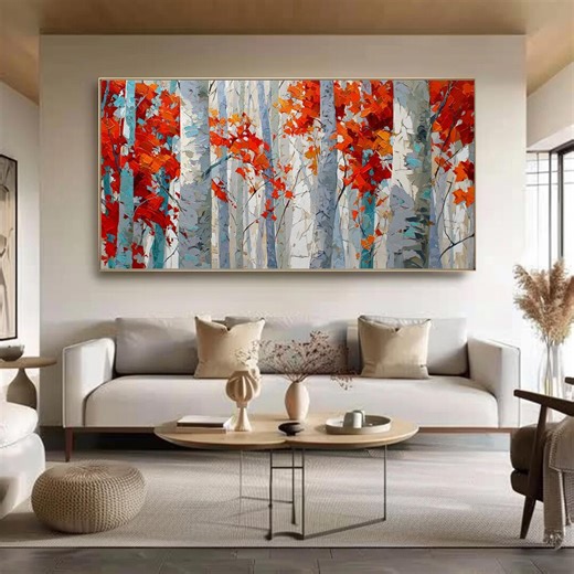 Birch Tree Painting on Canvas, Large Abstract Forest Wall Art, Textured Autumn Landscape Art, Impasto Red and Orange Art, Modern Wall Decor - Etsy