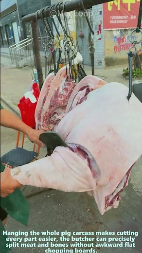 Veteran Butcher Cuts Fresh Hanging Pork Hock With Heavy Cleaver At Street Meat Stall