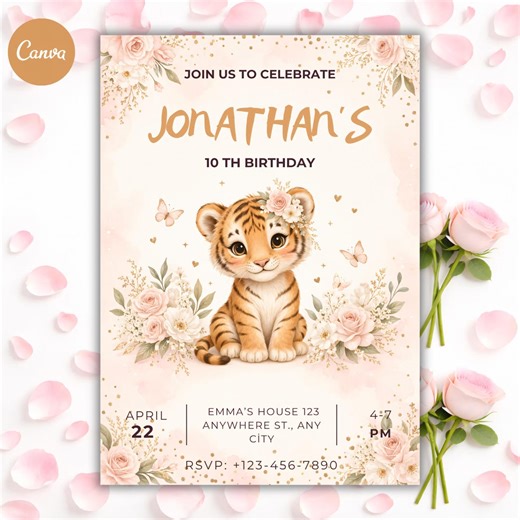 Editable Tiger Birthday Invitation, Pink Floral Baby Tiger Invite (canva Template) - Etsy