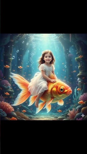 Magical Moment: Little Girl Riding a Giant Goldfish in a Fantasy Underwater World